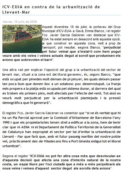 Notícia publicada a la web d'EUiA de Gavà sobre el posicionament d'ICV-EUiA de Gavà contra la urbanització de Llevant Mar (18 de Juliol de 2008)